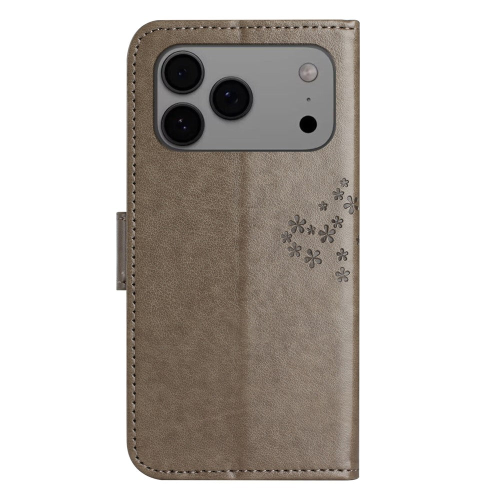 For iPhone 17 Pro Max Case PU Leather Owl Tree Imprinted Wallet Phone Cover with Strap - Grey