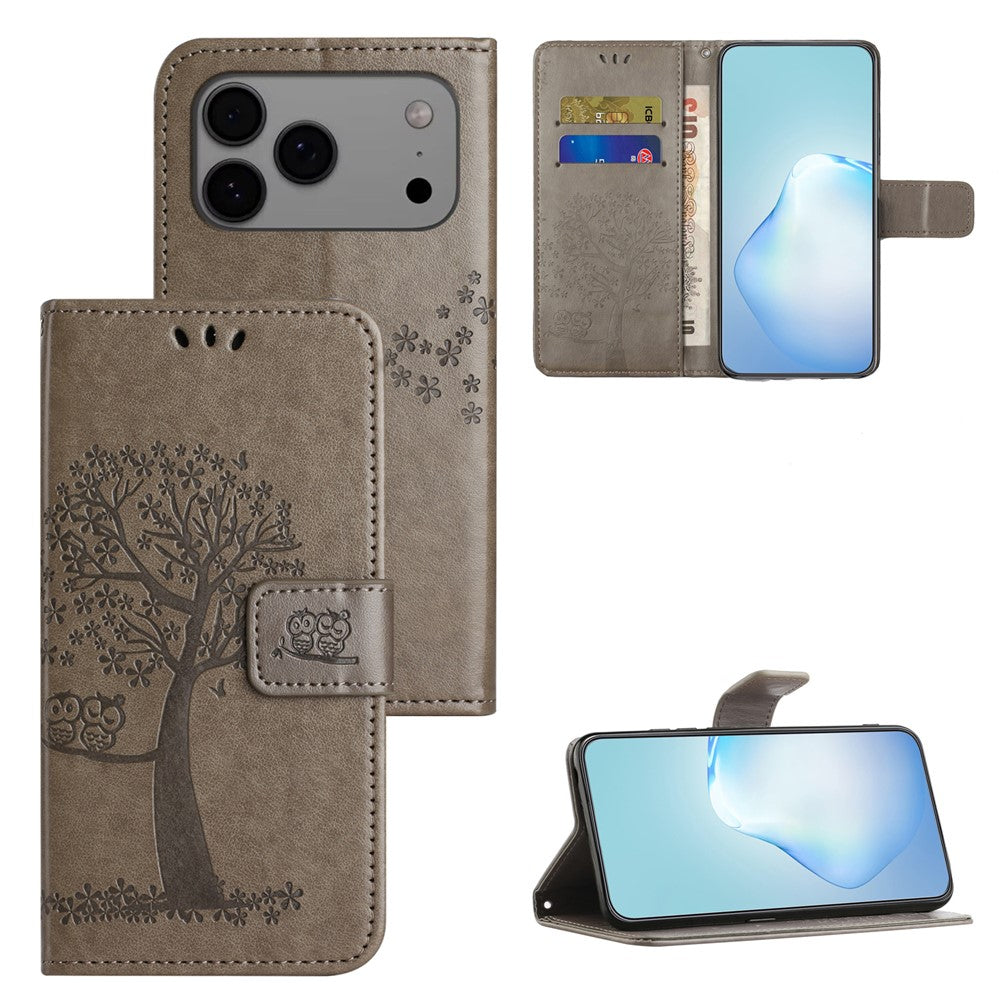 For iPhone 17 Pro Max Case PU Leather Owl Tree Imprinted Wallet Phone Cover with Strap - Grey