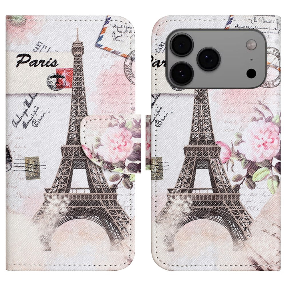 For iPhone 17 Pro Max Case Pattern Printing Cross Texture Leather Phone Cover - Tower