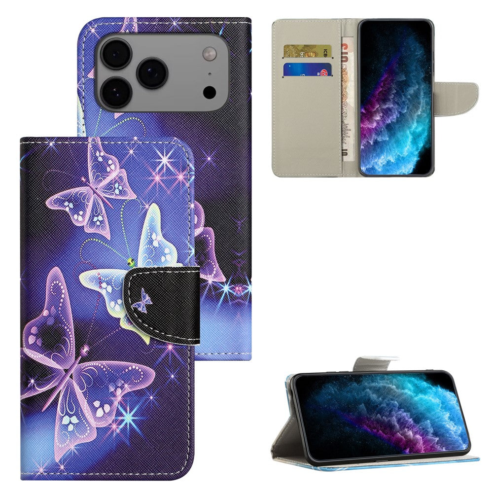 For iPhone 17 Pro Max Case Pattern Printing Cross Texture Leather Phone Cover - Sparkling Butterfly