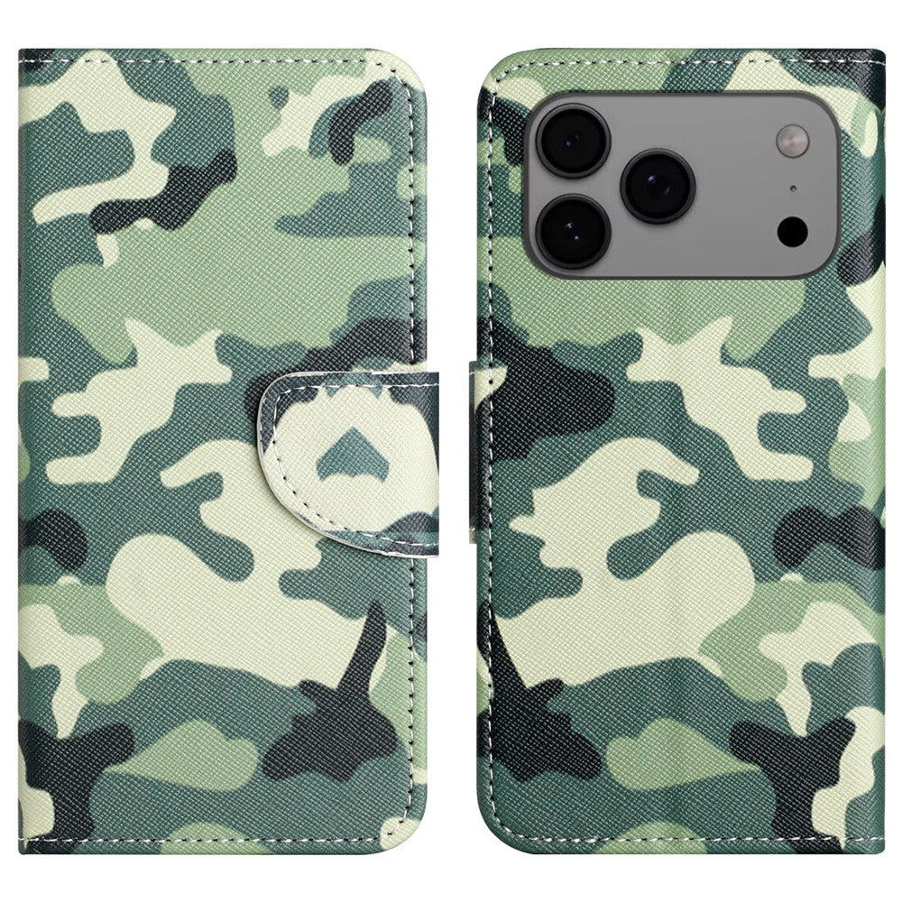 For iPhone 17 Pro Max Case Pattern Printing Cross Texture Leather Phone Cover - Camouflage