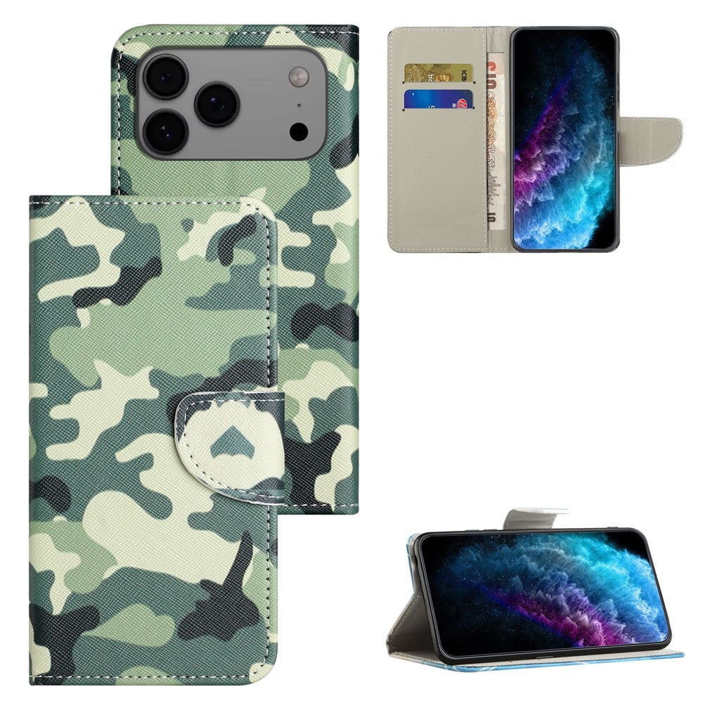 For iPhone 17 Pro Max Case Pattern Printing Cross Texture Leather Phone Cover - Camouflage