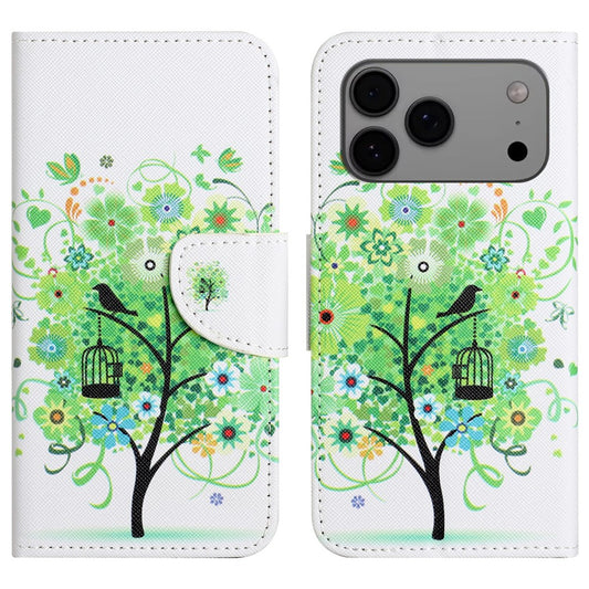 For iPhone 17 Pro Max Case Pattern Printing Cross Texture Leather Phone Cover - Green Tree