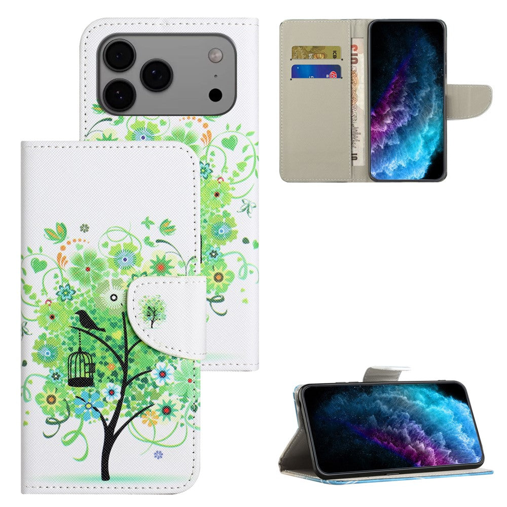 For iPhone 17 Pro Max Case Pattern Printing Cross Texture Leather Phone Cover - Green Tree