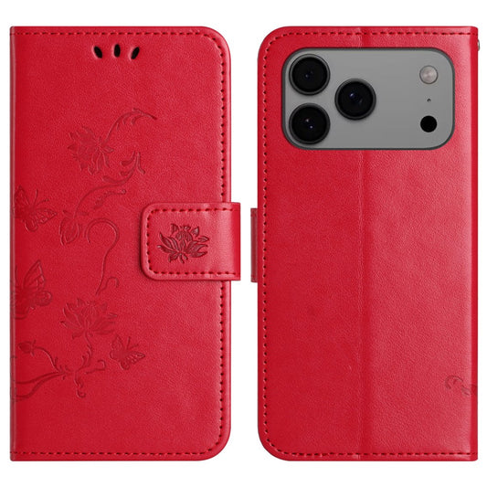 For iPhone 17 Pro Max Case Wallet Stand Imprinted Butterfly Flower PU Leather Phone Cover - Red