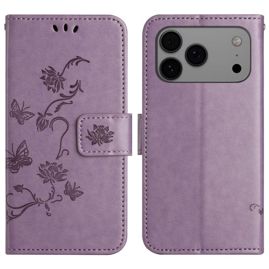 For iPhone 17 Pro Max Case Wallet Stand Imprinted Butterfly Flower PU Leather Phone Cover - Purple