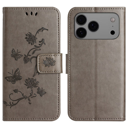 For iPhone 17 Pro Max Case Wallet Stand Imprinted Butterfly Flower PU Leather Phone Cover - Grey