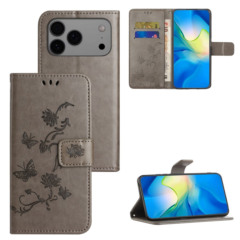 For iPhone 17 Pro Max Case Wallet Stand Imprinted Butterfly Flower PU Leather Phone Cover - Grey