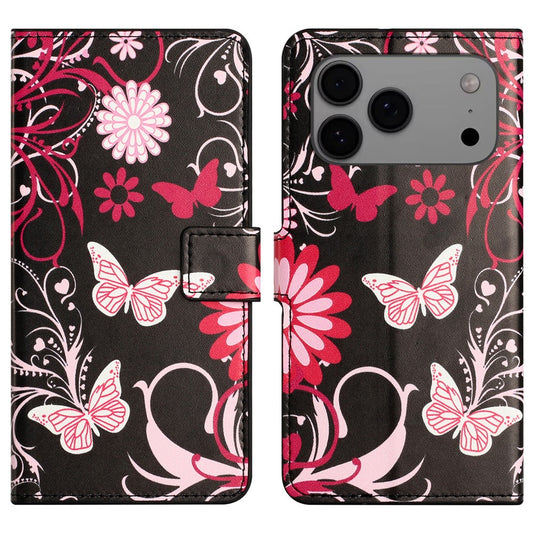 For iPhone 17 Pro Max Case Pattern Print PU Leather Wallet Phone Cover - Black Butterfly
