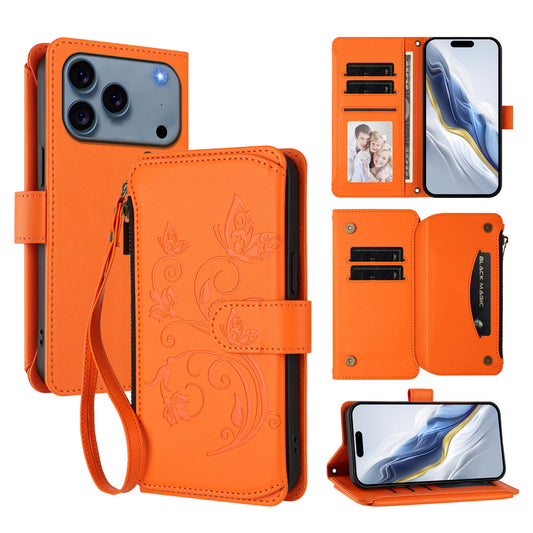 For iPhone 17 Pro Max Leather Case Butterfly Floral Imprint Zipper Wallet Stand Cover with Wrist Strap - Orange
