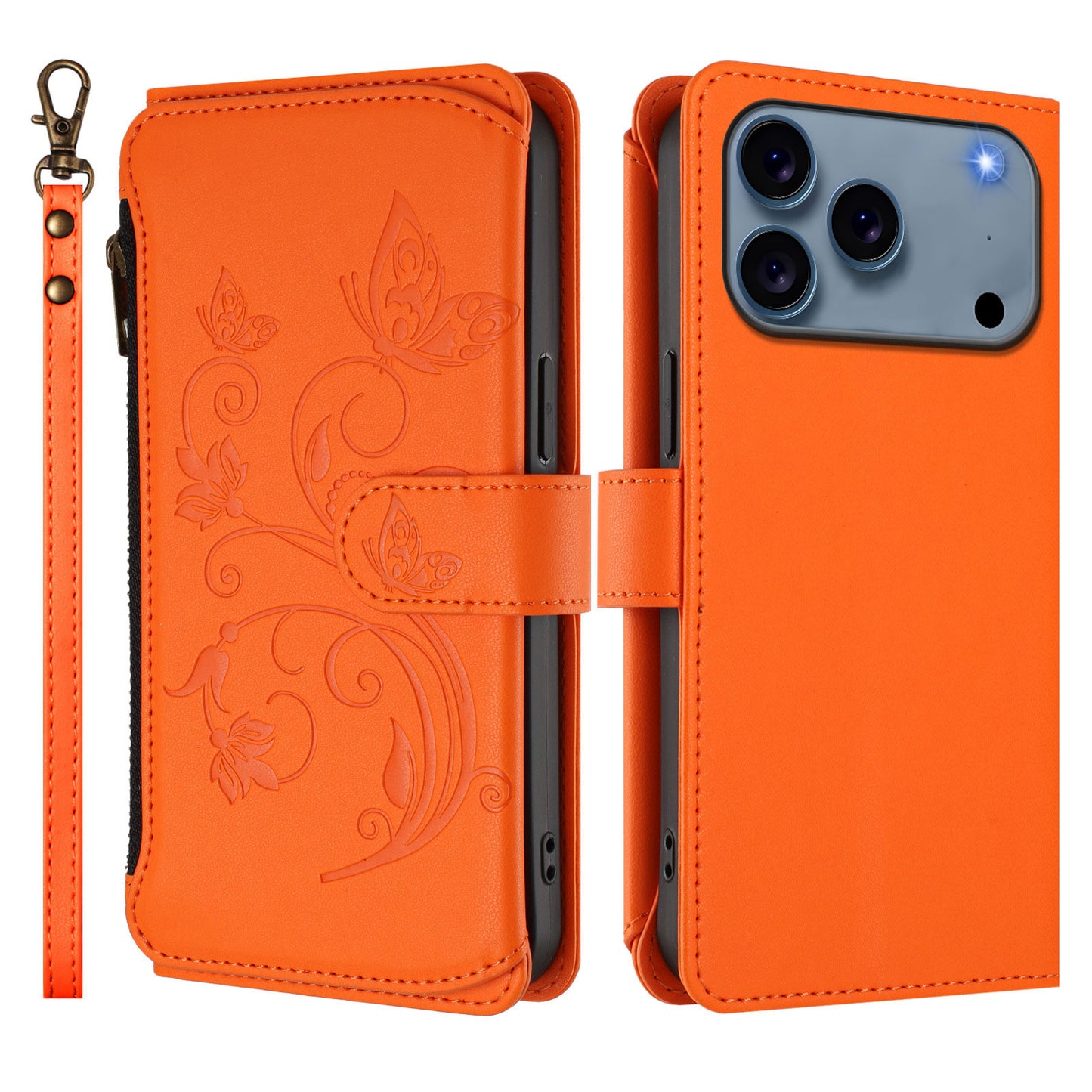For iPhone 17 Pro Max Leather Case Butterfly Floral Imprint Zipper Wallet Stand Cover with Wrist Strap - Orange