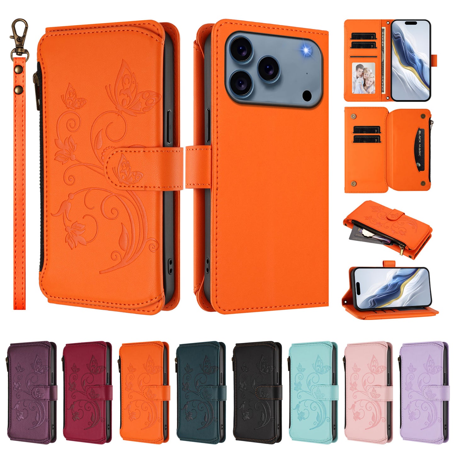For iPhone 17 Pro Max Leather Case Butterfly Floral Imprint Zipper Wallet Stand Cover with Wrist Strap - Orange
