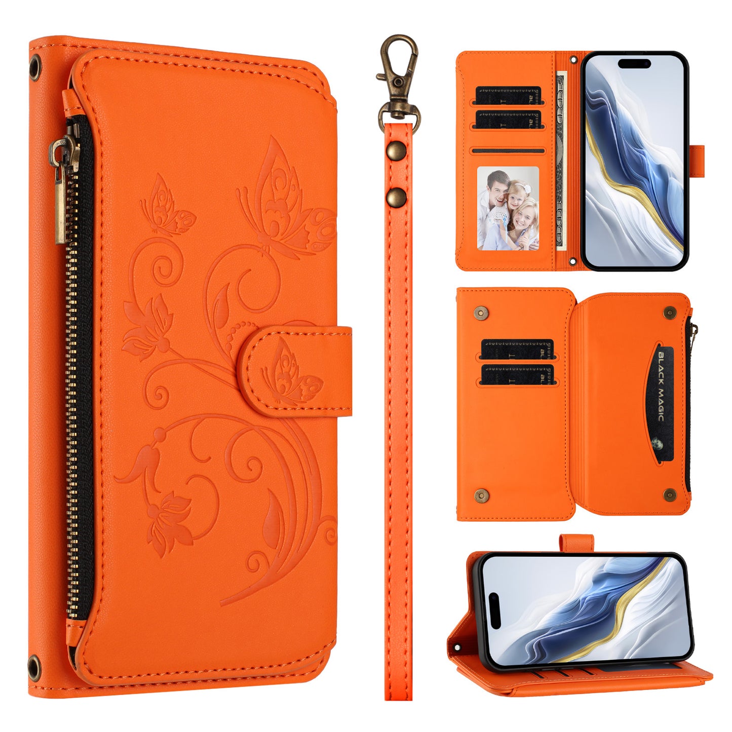 For iPhone 17 Pro Max Leather Case Butterfly Floral Imprint Zipper Wallet Stand Cover with Wrist Strap - Orange
