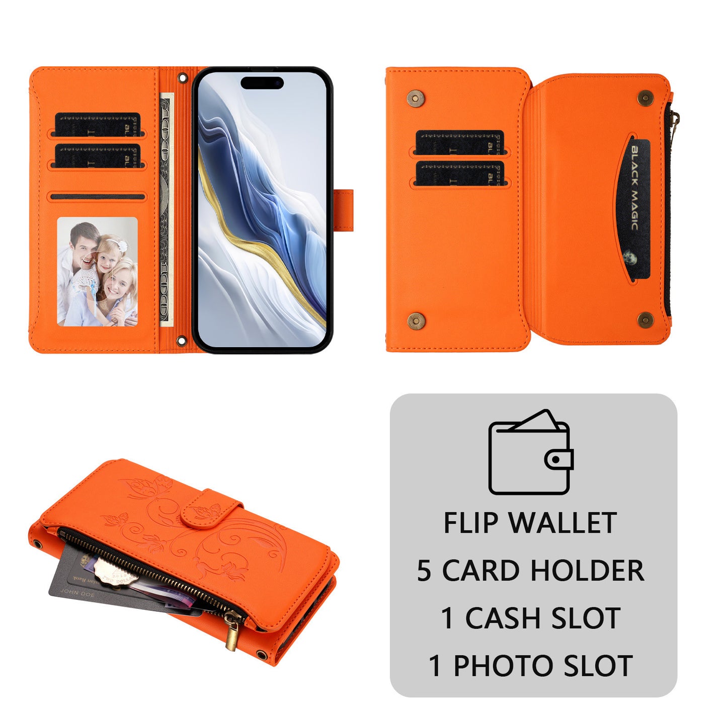 For iPhone 17 Pro Max Leather Case Butterfly Floral Imprint Zipper Wallet Stand Cover with Wrist Strap - Orange