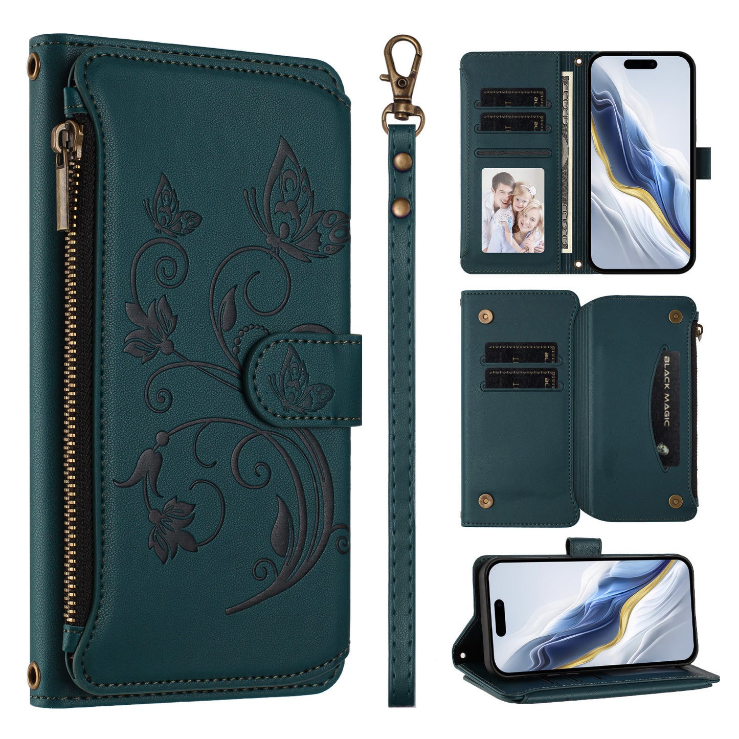 For iPhone 17 Pro Max Leather Case Butterfly Floral Imprint Zipper Wallet Stand Cover with Wrist Strap - Green