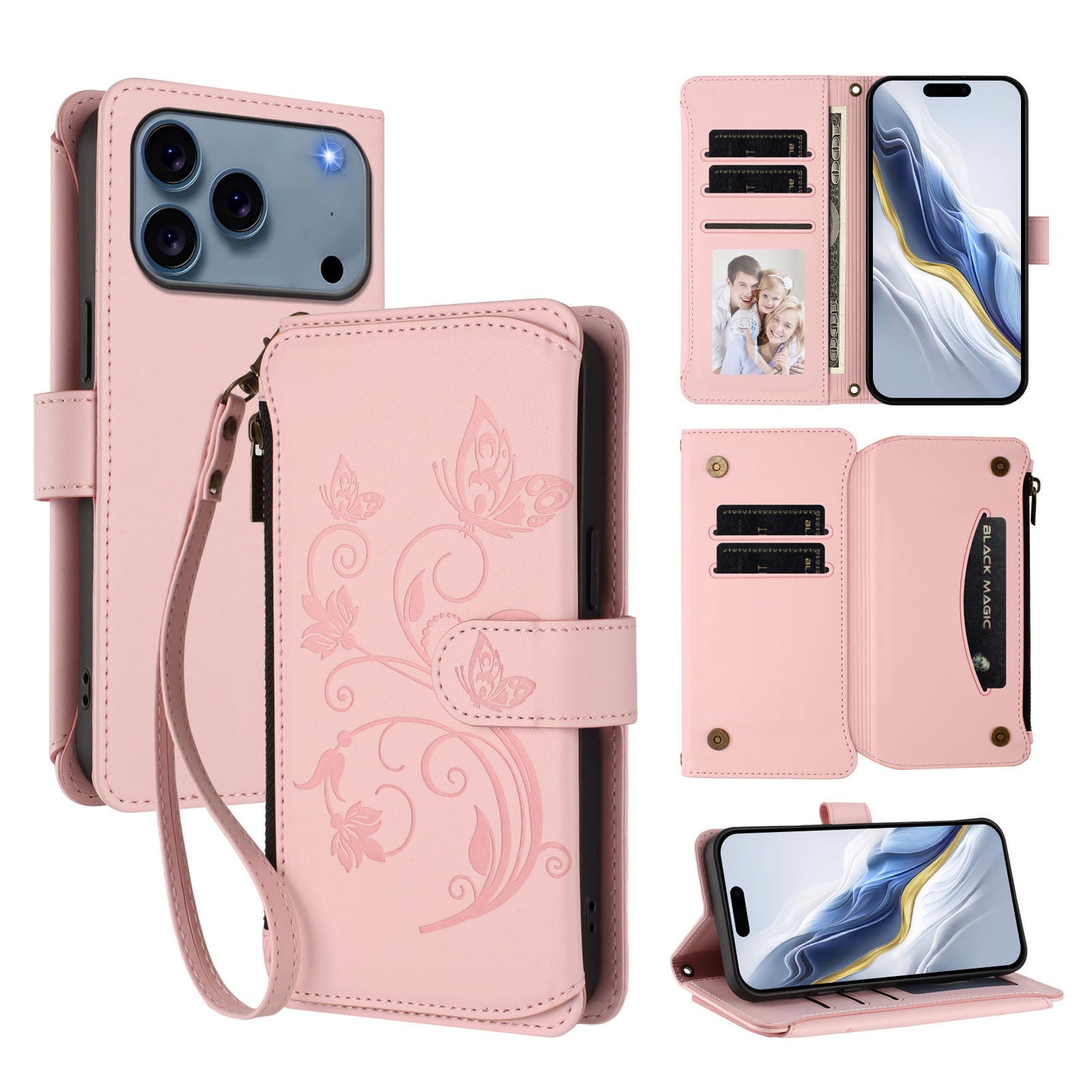 For iPhone 17 Pro Max Leather Case Butterfly Floral Imprint Zipper Wallet Stand Cover with Wrist Strap - Pink