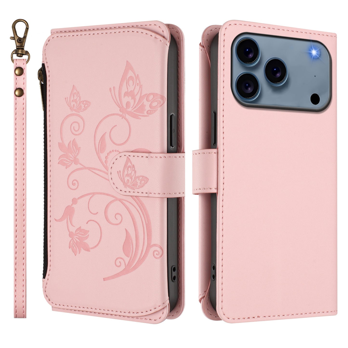 For iPhone 17 Pro Max Leather Case Butterfly Floral Imprint Zipper Wallet Stand Cover with Wrist Strap - Pink
