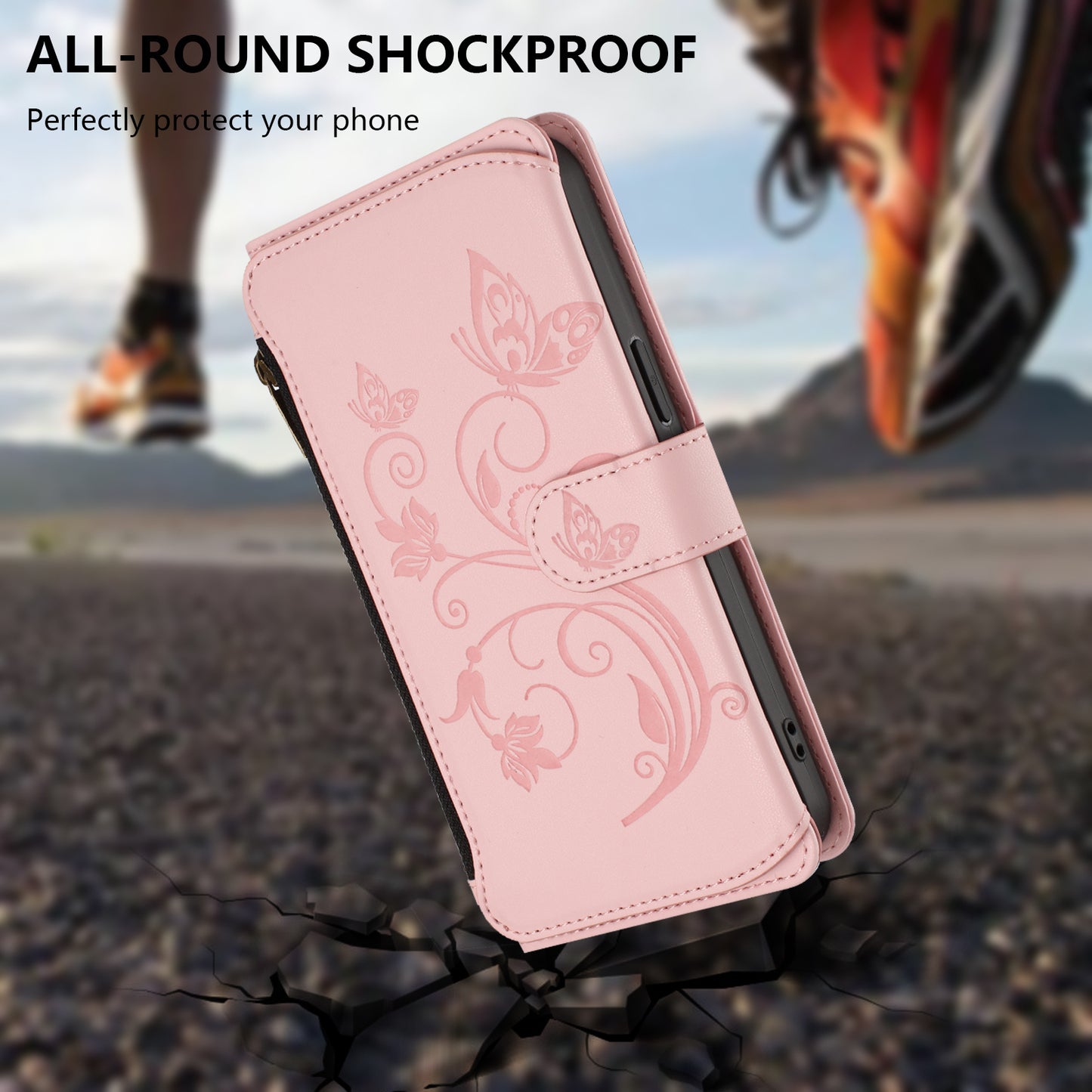 For iPhone 17 Pro Max Leather Case Butterfly Floral Imprint Zipper Wallet Stand Cover with Wrist Strap - Pink