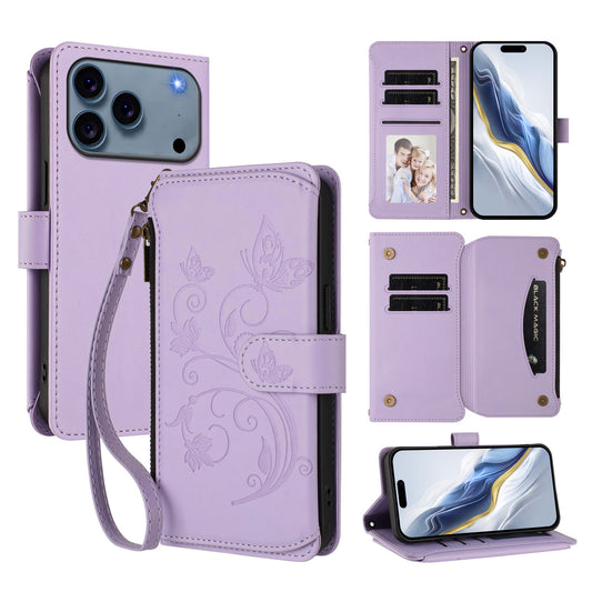 For iPhone 17 Pro Max Leather Case Butterfly Floral Imprint Zipper Wallet Stand Cover with Wrist Strap - Light Purple