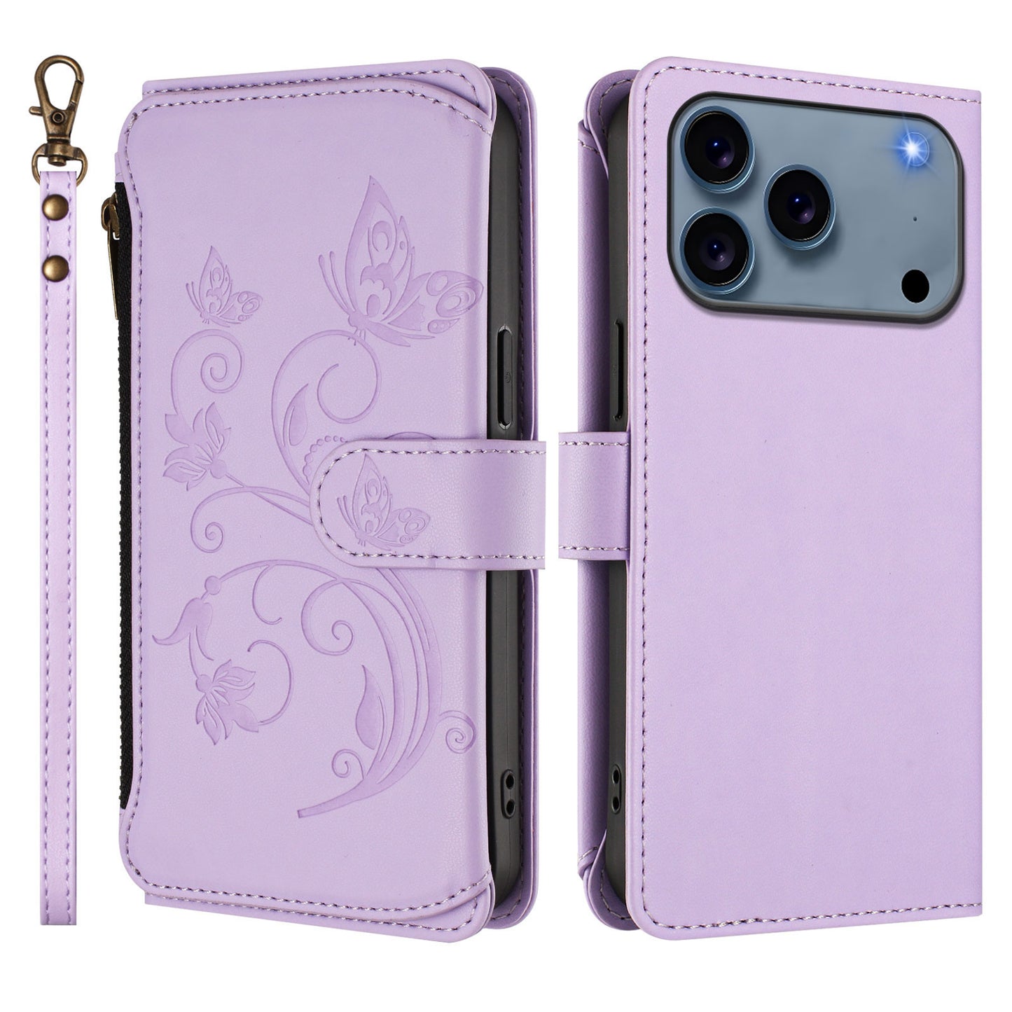 For iPhone 17 Pro Max Leather Case Butterfly Floral Imprint Zipper Wallet Stand Cover with Wrist Strap - Light Purple