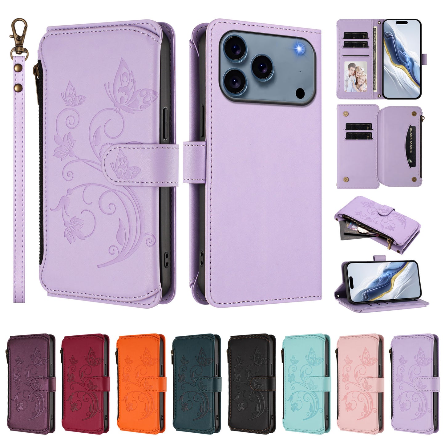 For iPhone 17 Pro Max Leather Case Butterfly Floral Imprint Zipper Wallet Stand Cover with Wrist Strap - Light Purple