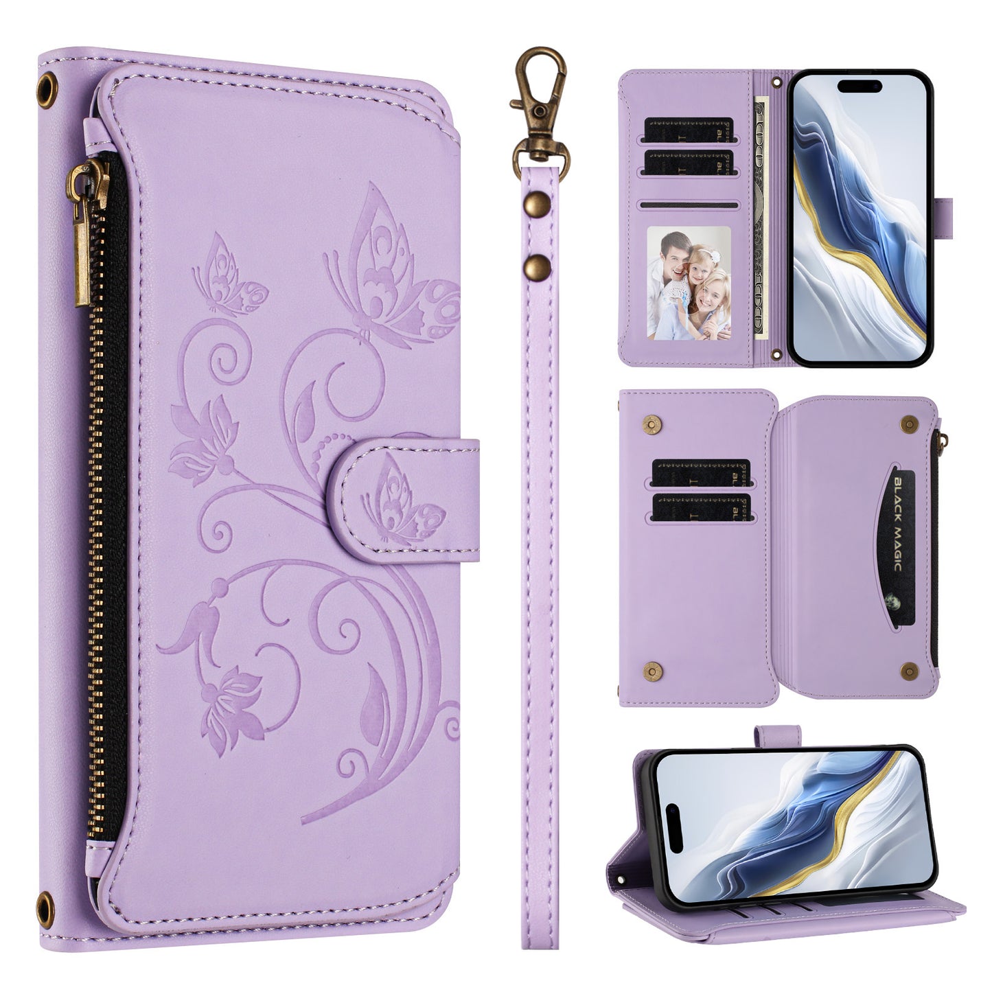 For iPhone 17 Pro Max Leather Case Butterfly Floral Imprint Zipper Wallet Stand Cover with Wrist Strap - Light Purple