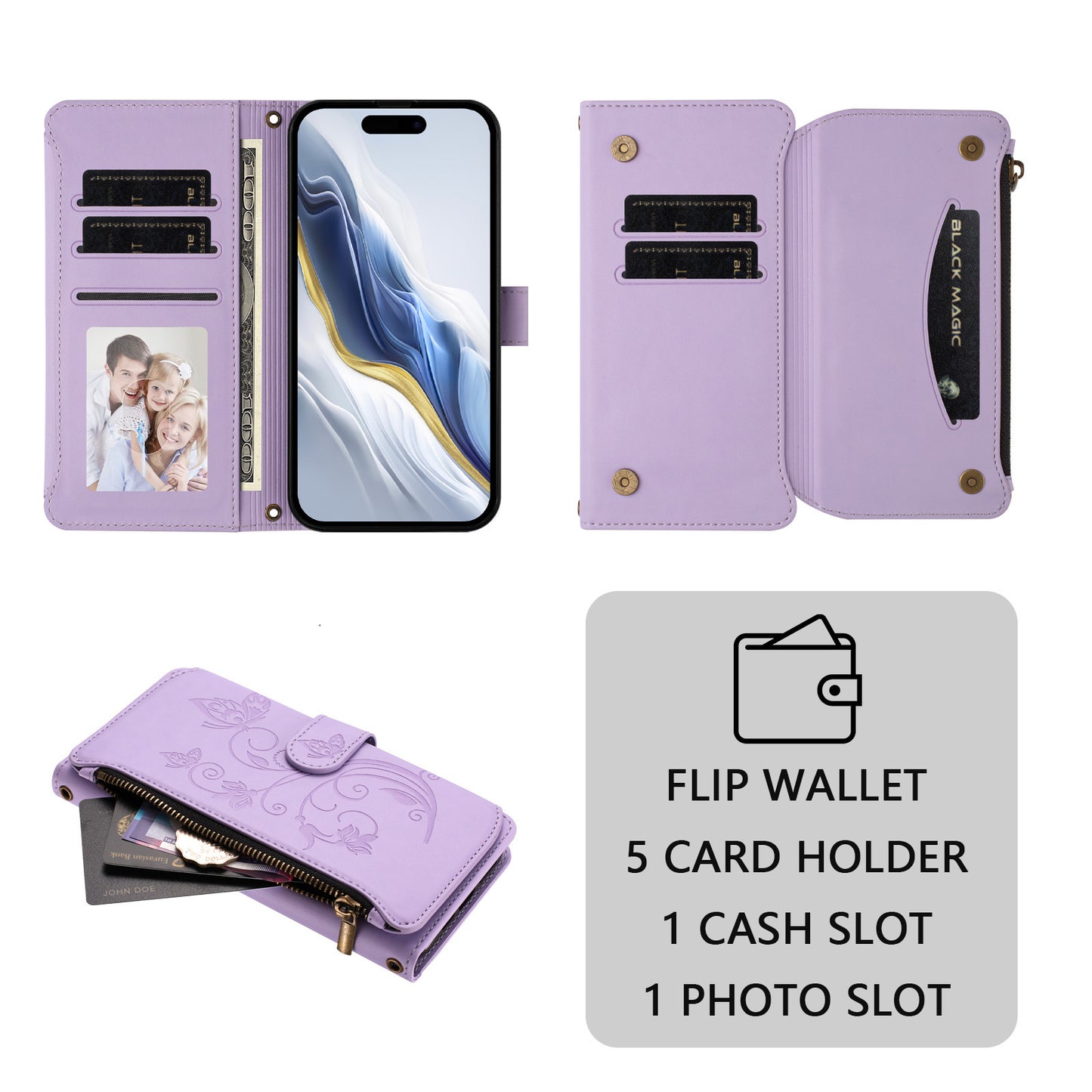 For iPhone 17 Pro Max Leather Case Butterfly Floral Imprint Zipper Wallet Stand Cover with Wrist Strap - Light Purple