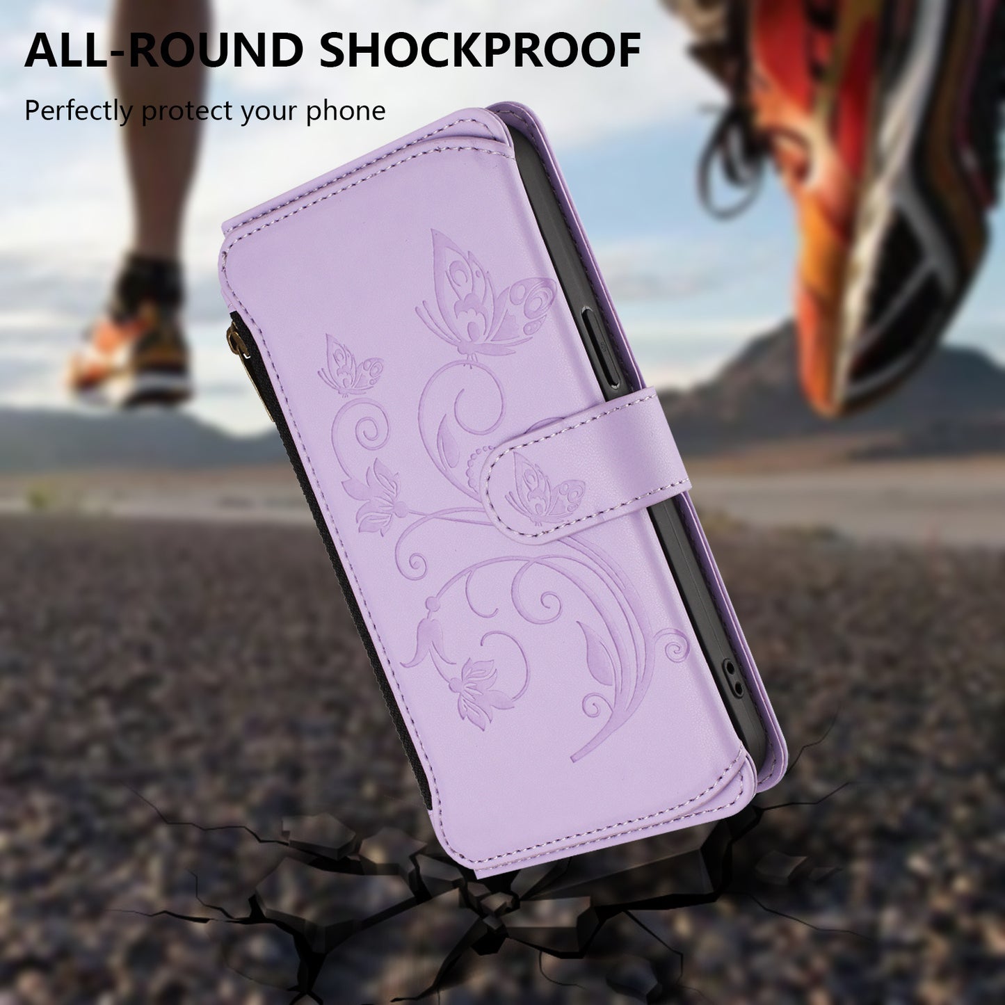 For iPhone 17 Pro Max Leather Case Butterfly Floral Imprint Zipper Wallet Stand Cover with Wrist Strap - Light Purple