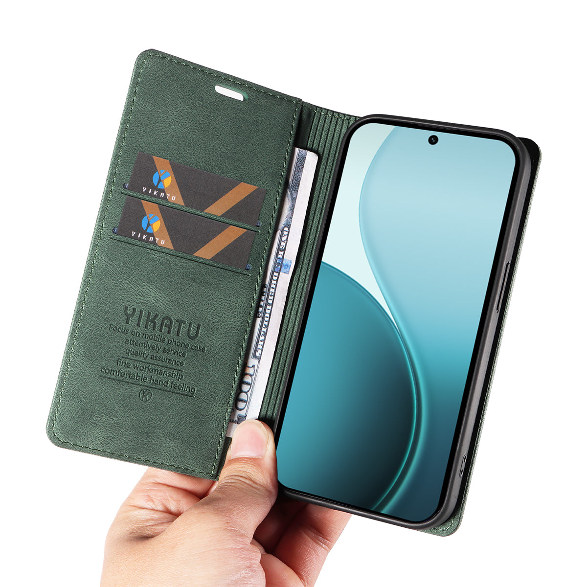 For Oppo Reno14 Pro 5G (China) / Oppo Reno14 Pro 5G (Global) Leather Cover YIKATU YK-004 Skin-Touch Wallet Phone Cases - Green