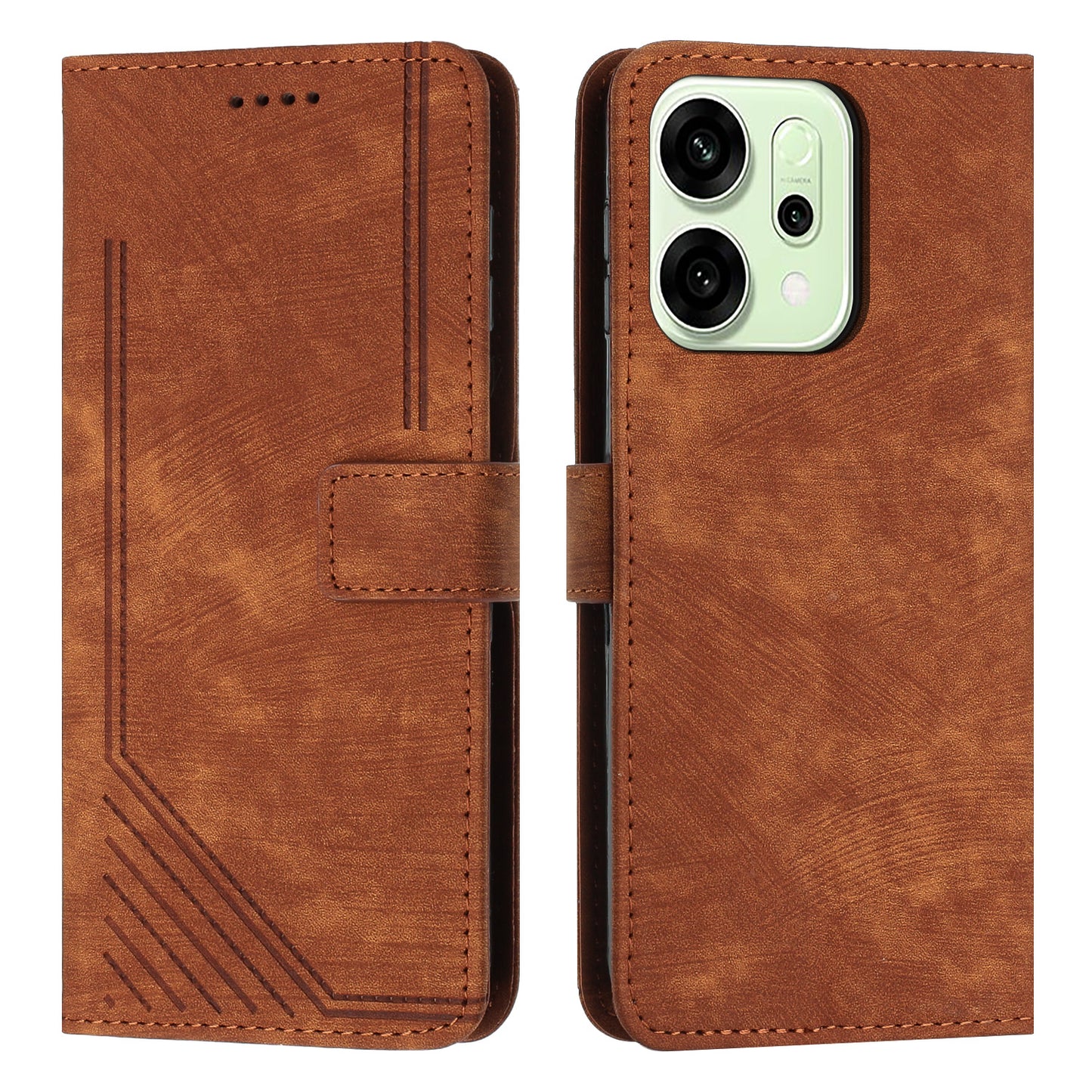 For Oppo Reno14 Pro 5G (China) / Oppo Reno14 Pro 5G (Global) Stand Case Imprinted Lines Leather Phone Cover - Brown