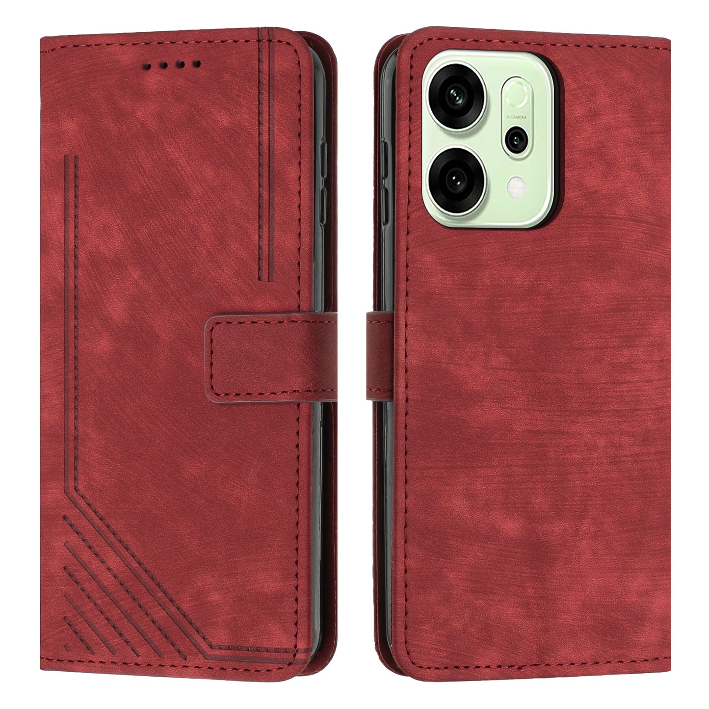 For Oppo Reno14 Pro 5G (China) / Oppo Reno14 Pro 5G (Global) Stand Case Imprinted Lines Leather Phone Cover - Red