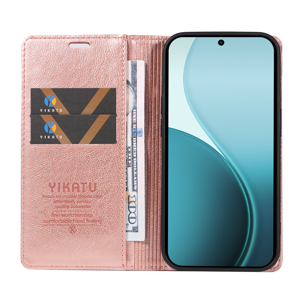 For Oppo Reno14 Pro 5G (China) / Oppo Reno14 Pro 5G (Global) Wallet Case YIKATU YK-006 Magnetic Closure Leather Phone Cover Litchi Texture - Rose Gold