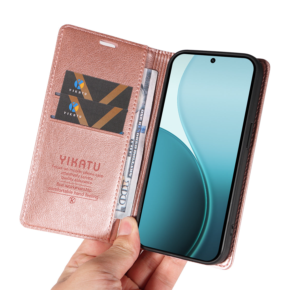For Oppo Reno14 Pro 5G (China) / Oppo Reno14 Pro 5G (Global) Wallet Case YIKATU YK-006 Magnetic Closure Leather Phone Cover Litchi Texture - Rose Gold