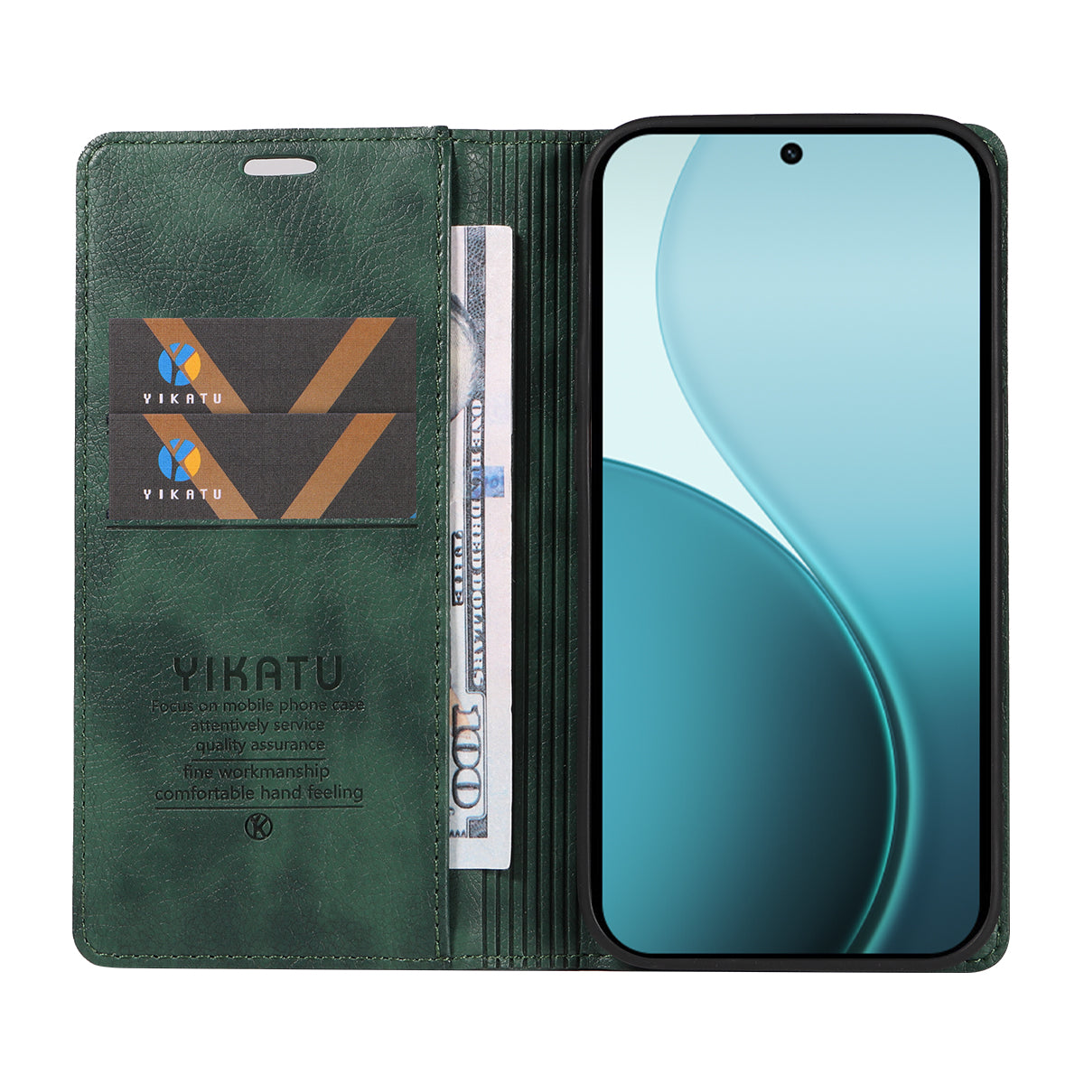 For Oppo Reno14 Pro 5G (China) / Oppo Reno14 Pro 5G (Global) Wallet Case YIKATU YK-006 Magnetic Closure Leather Phone Cover Litchi Texture -  Green
