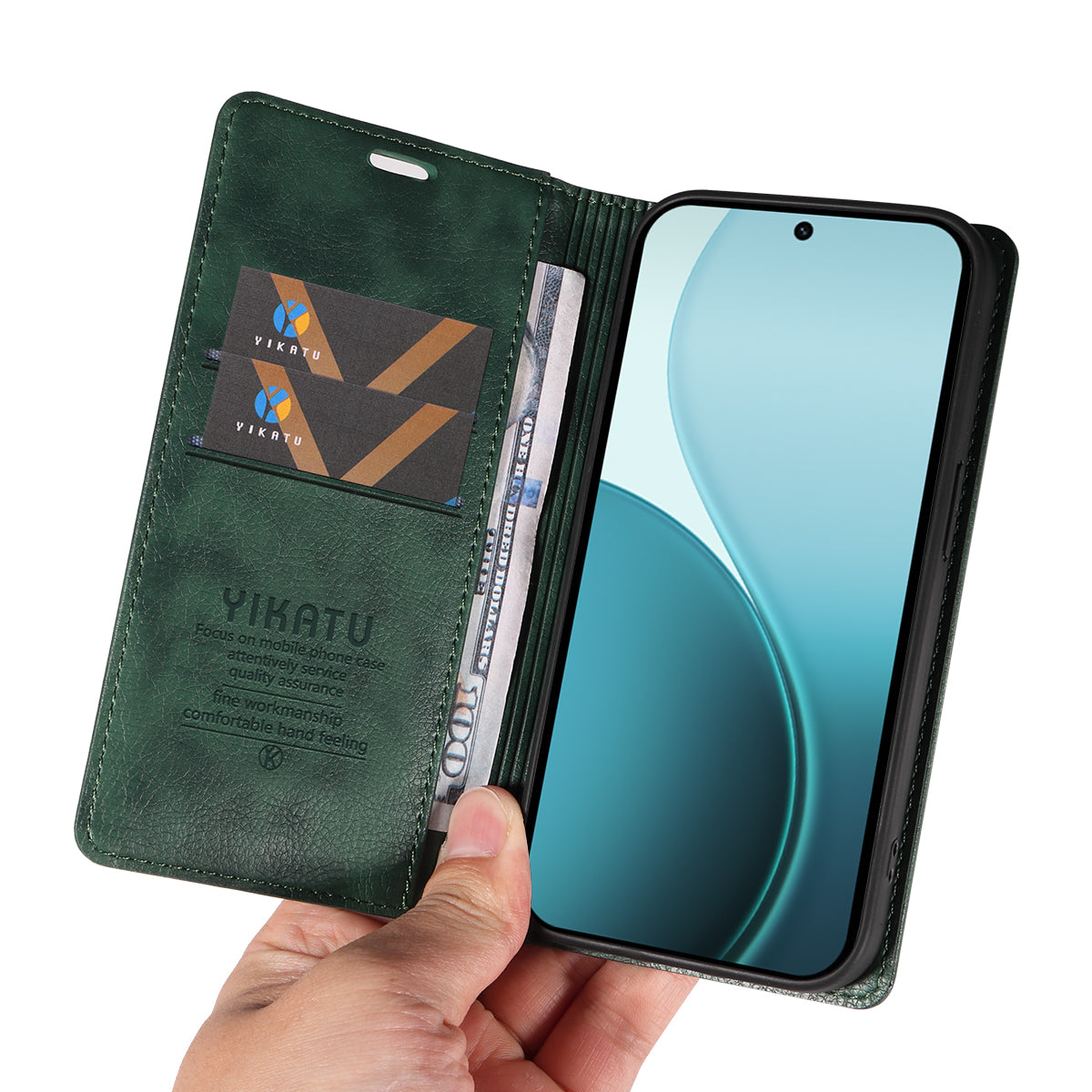 For Oppo Reno14 Pro 5G (China) / Oppo Reno14 Pro 5G (Global) Wallet Case YIKATU YK-006 Magnetic Closure Leather Phone Cover Litchi Texture -  Green