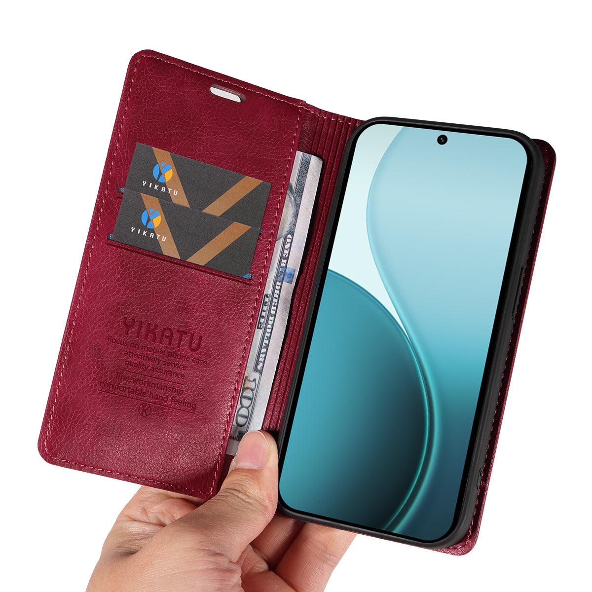 For Oppo Reno14 Pro 5G (China) / Oppo Reno14 Pro 5G (Global) Wallet Case YIKATU YK-006 Magnetic Closure Leather Phone Cover Litchi Texture - Wine Red