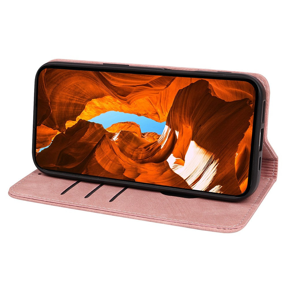 For Oppo Reno14 Pro 5G (Global) Case Strong Magnetic Leather Wallet Phone Cover with Striped Texture - Rose Gold