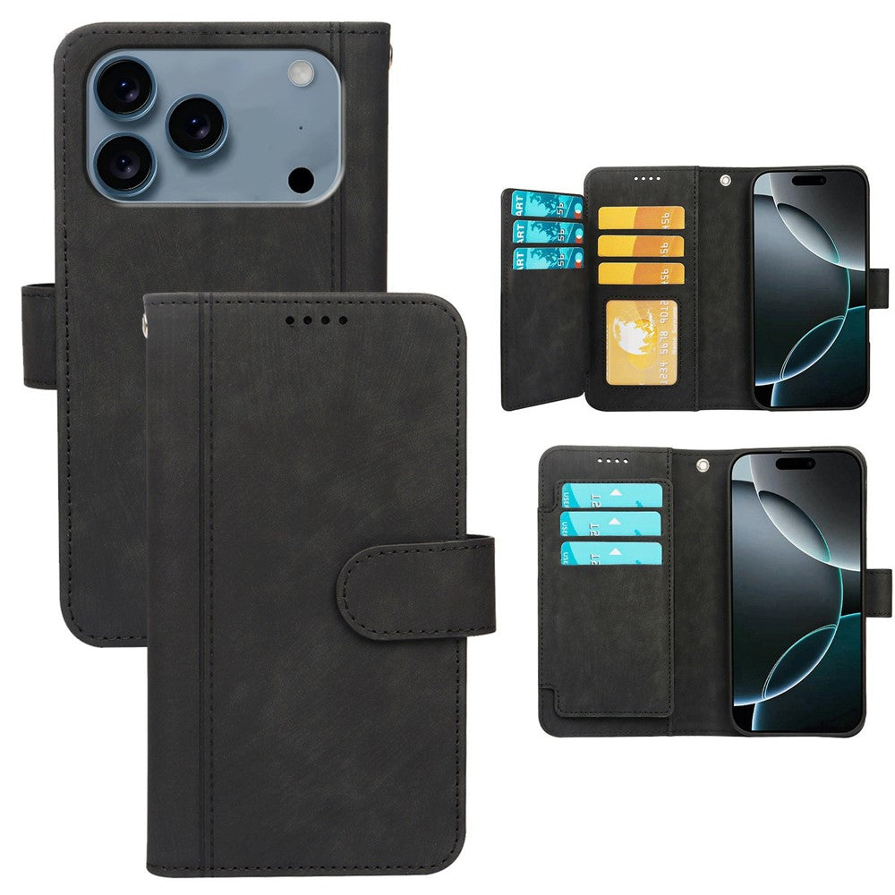 For iPhone 17 Pro Max Leather Case Line Pattern Wallet Phone Cover with 9 Card Slots - Black