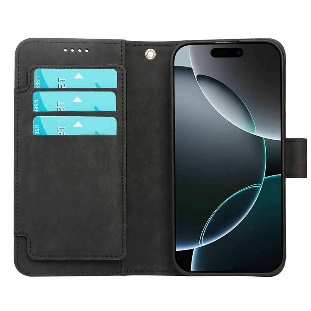 For iPhone 17 Pro Max Leather Case Line Pattern Wallet Phone Cover with 9 Card Slots - Black