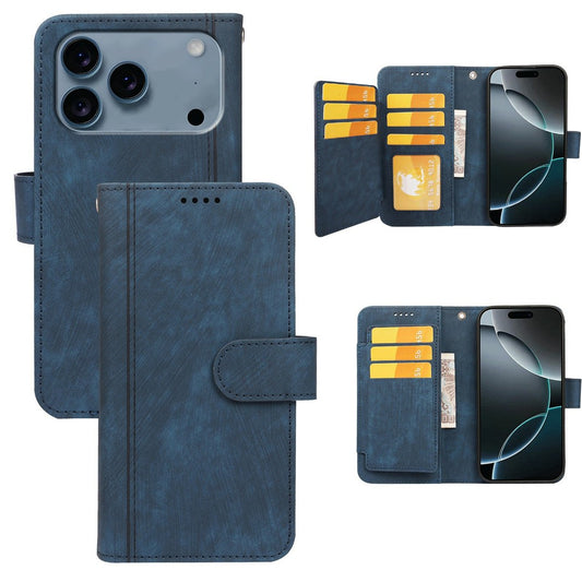 For iPhone 17 Pro Max Leather Case Line Pattern Wallet Phone Cover with 9 Card Slots - Blue