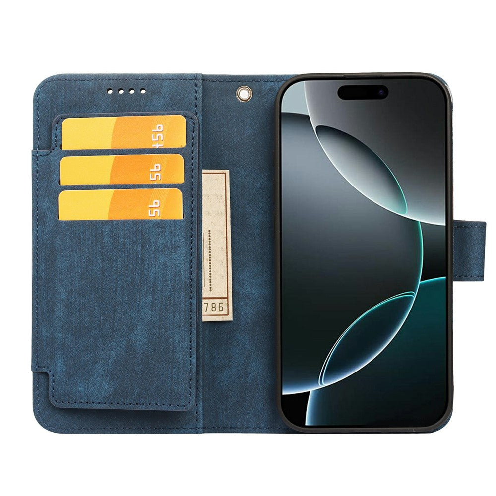 For iPhone 17 Pro Max Leather Case Line Pattern Wallet Phone Cover with 9 Card Slots - Blue