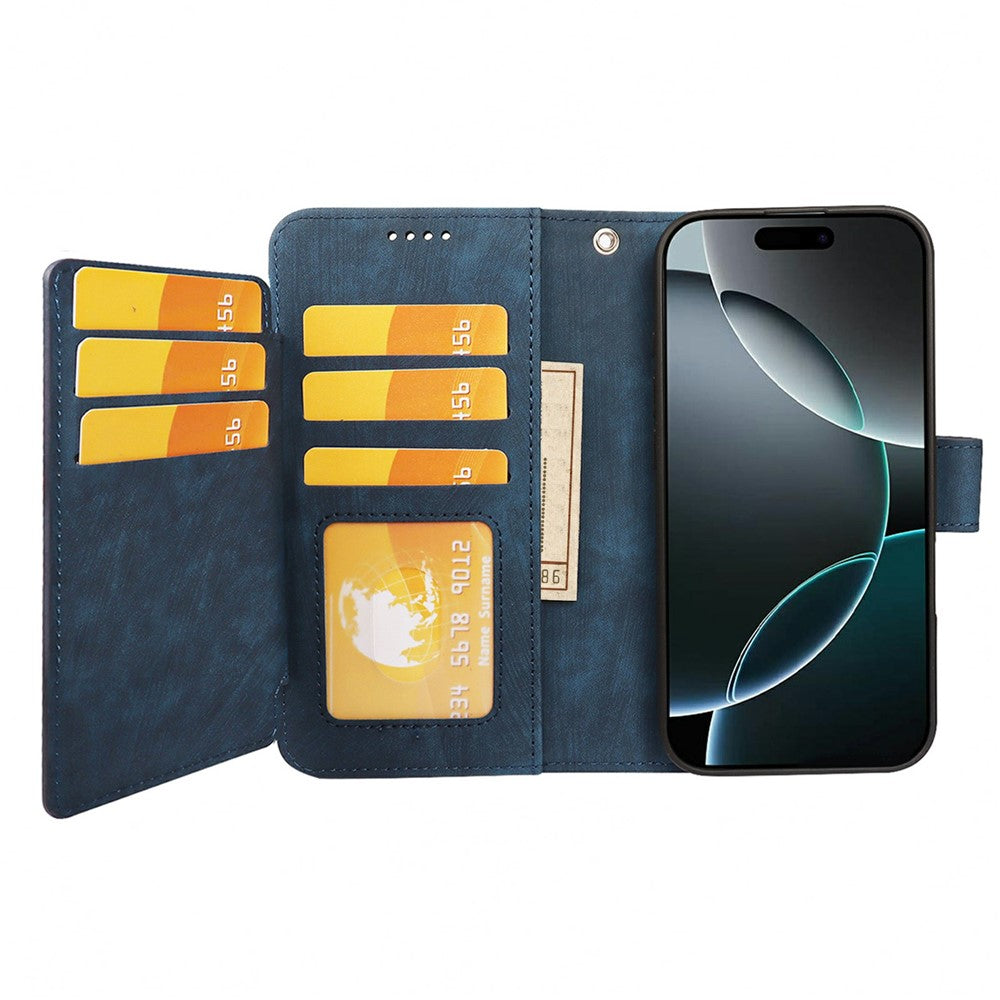 For iPhone 17 Pro Max Leather Case Line Pattern Wallet Phone Cover with 9 Card Slots - Blue