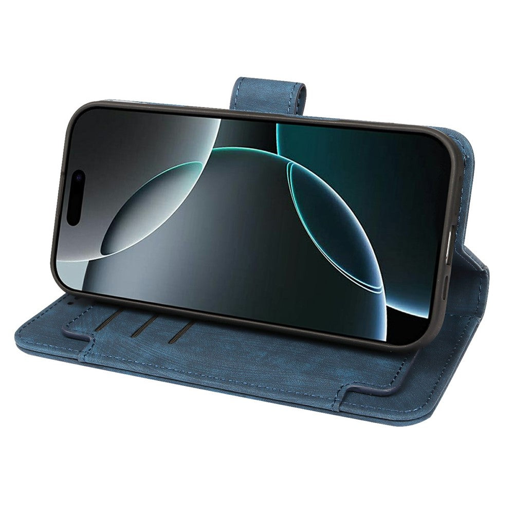 For iPhone 17 Pro Max Leather Case Line Pattern Wallet Phone Cover with 9 Card Slots - Blue