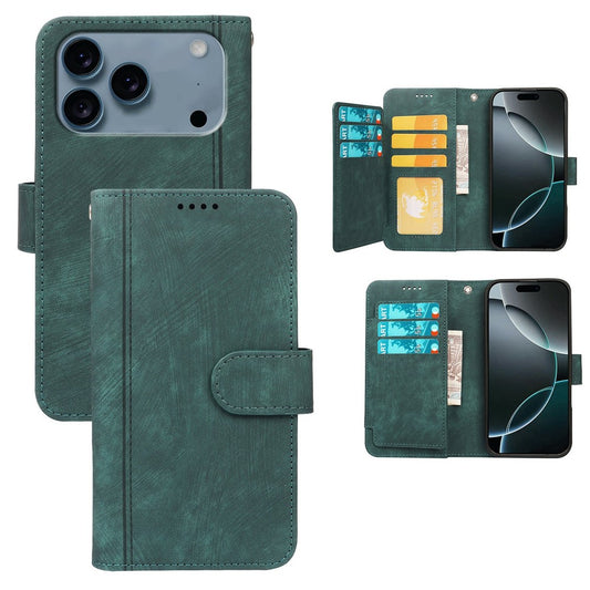 For iPhone 17 Pro Max Leather Case Line Pattern Wallet Phone Cover with 9 Card Slots - Green