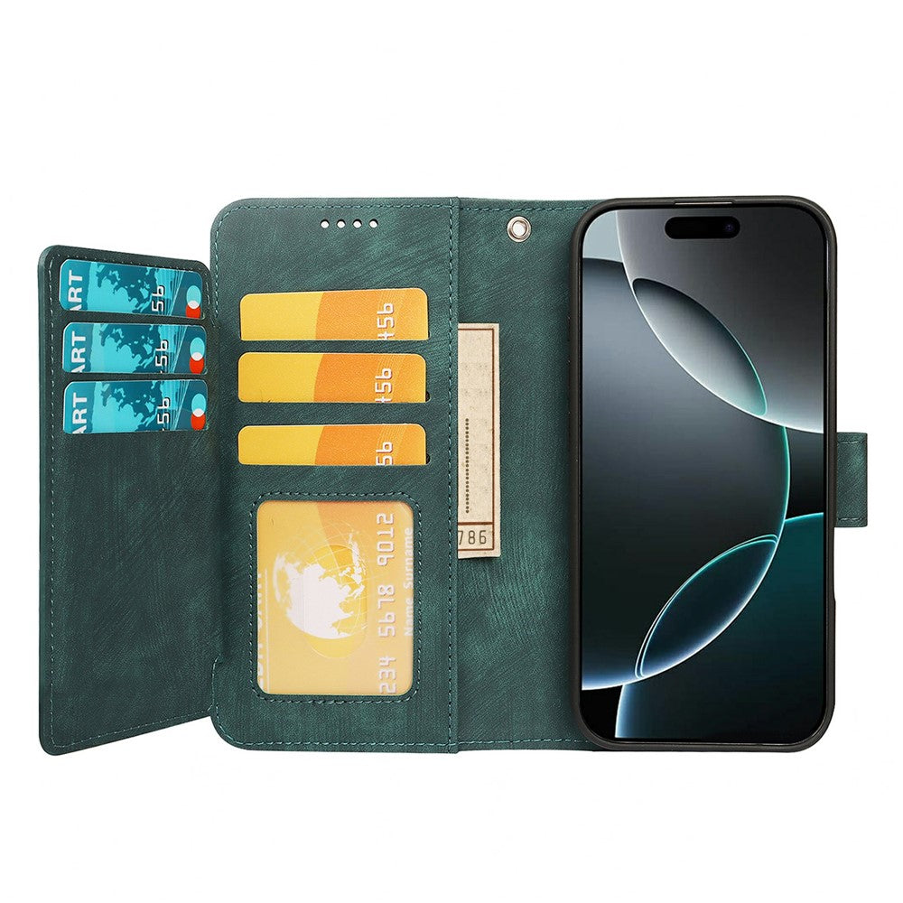 For iPhone 17 Pro Max Leather Case Line Pattern Wallet Phone Cover with 9 Card Slots - Green