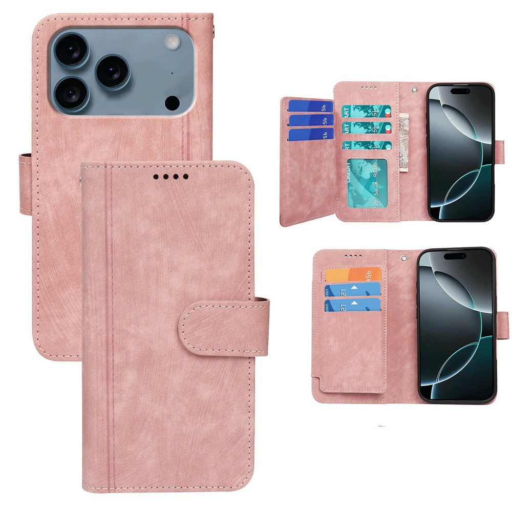 For iPhone 17 Pro Max Leather Case Line Pattern Wallet Phone Cover with 9 Card Slots - Rose Gold