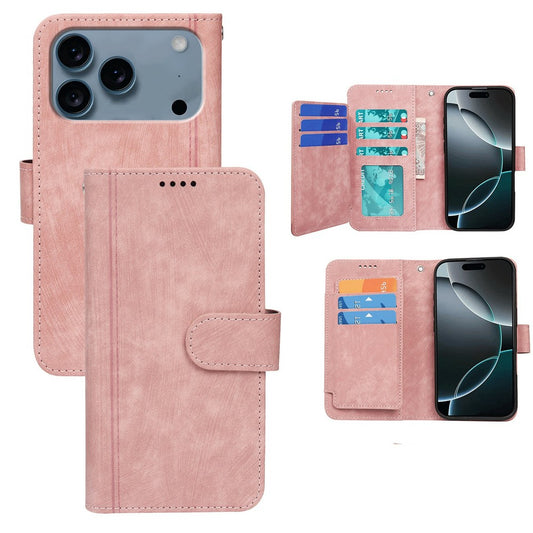 For iPhone 17 Pro Max Leather Case Line Pattern Wallet Phone Cover with 9 Card Slots - Rose Gold
