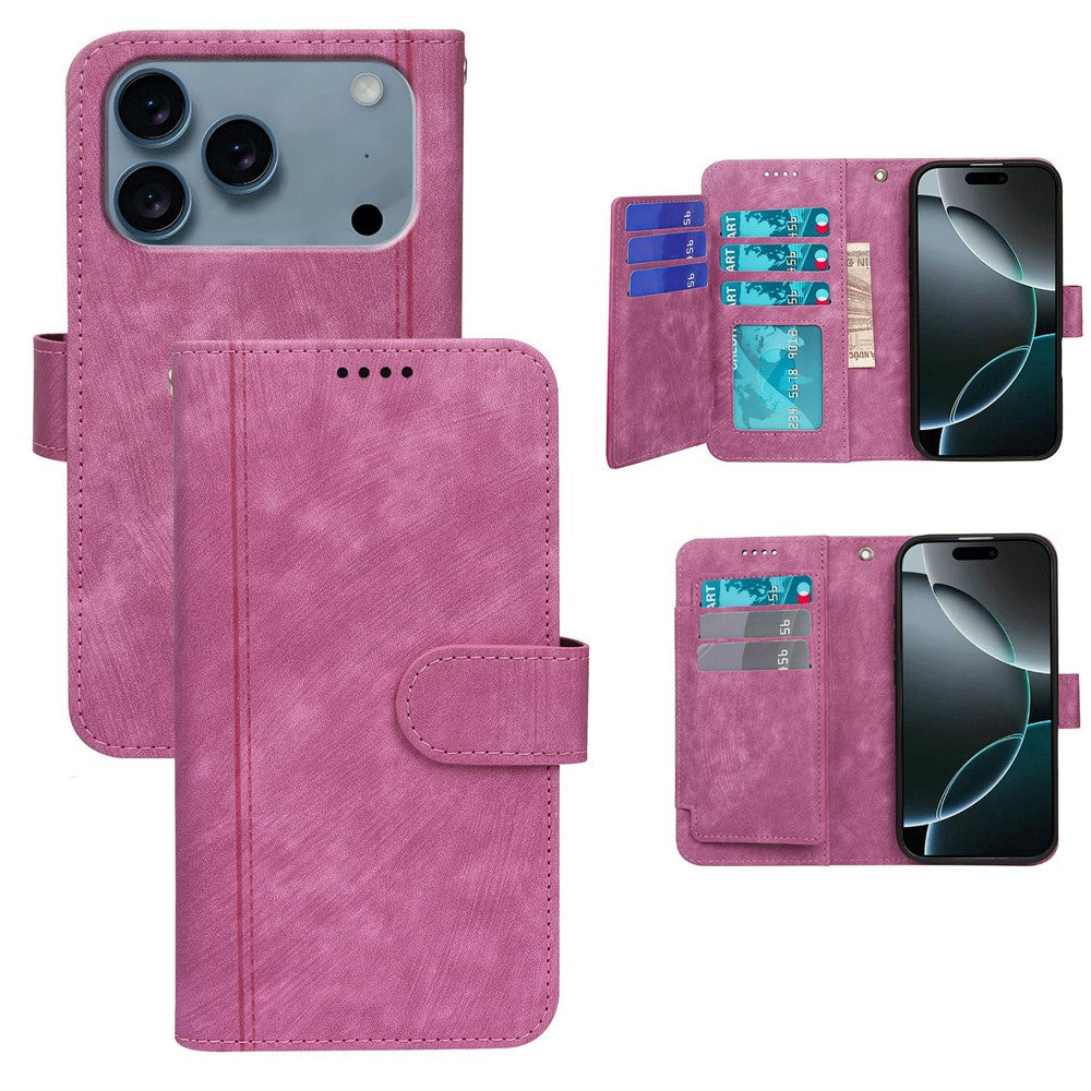 For iPhone 17 Pro Max Leather Case Line Pattern Wallet Phone Cover with 9 Card Slots - Rose