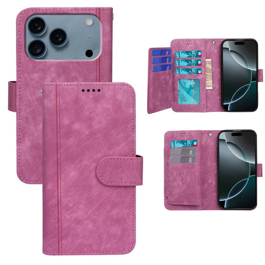 For iPhone 17 Pro Max Leather Case Line Pattern Wallet Phone Cover with 9 Card Slots - Rose