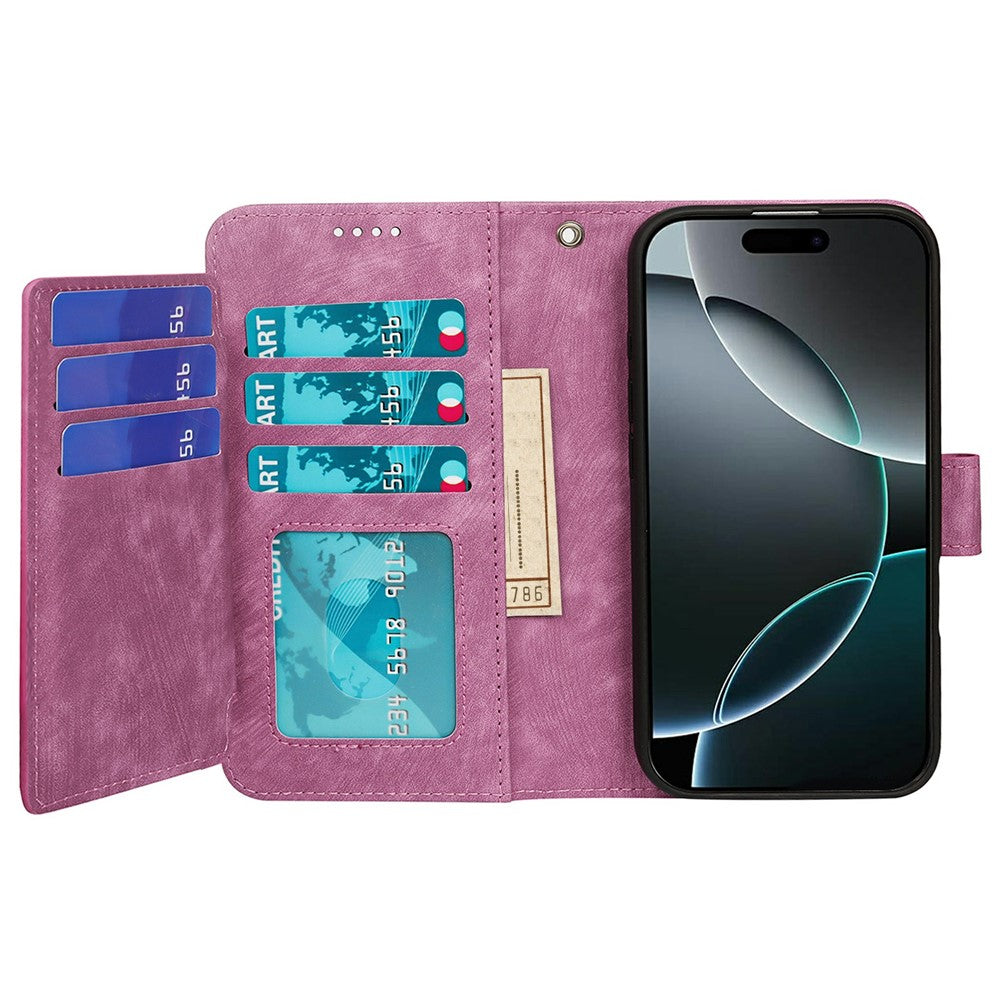 For iPhone 17 Pro Max Leather Case Line Pattern Wallet Phone Cover with 9 Card Slots - Rose